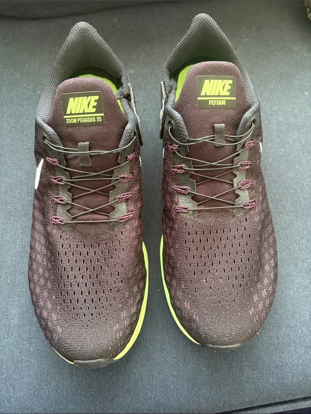 Nike Men’s FlyEase Zoom Pegasus Sneakers in Burgundy with Volt Highlights